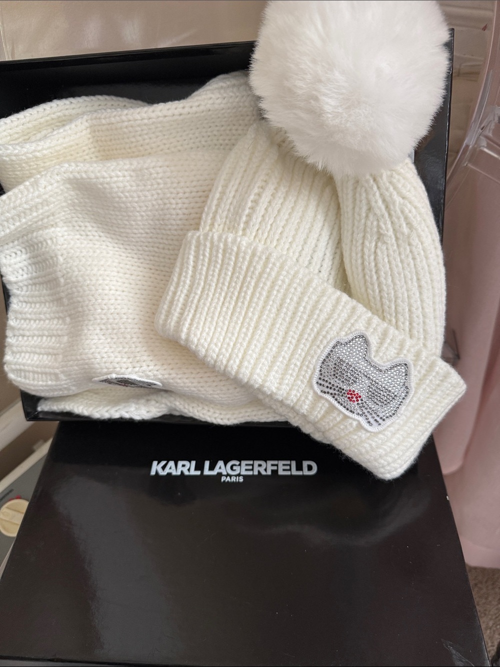 Karl Lagerfeld Cream Knit Pom-Pom Beanie with Cat Patch & Matching Scarf